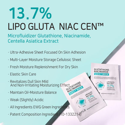 Mascarilla en lámina de glutatión y niacinamida APLB, 25 ml x 1 unidad (0,85 fl. oz.)