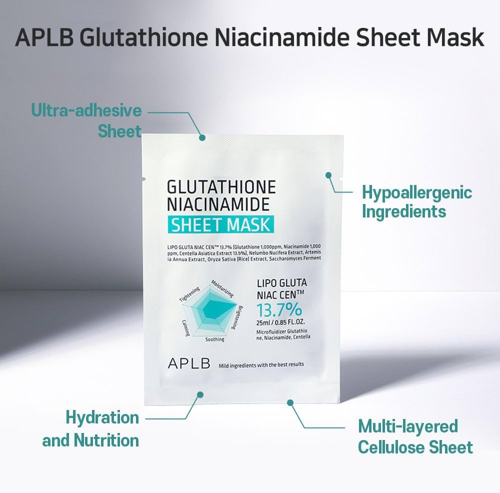 Mascarilla en lámina de glutatión y niacinamida APLB, 25 ml x 1 unidad (0,85 fl. oz.)