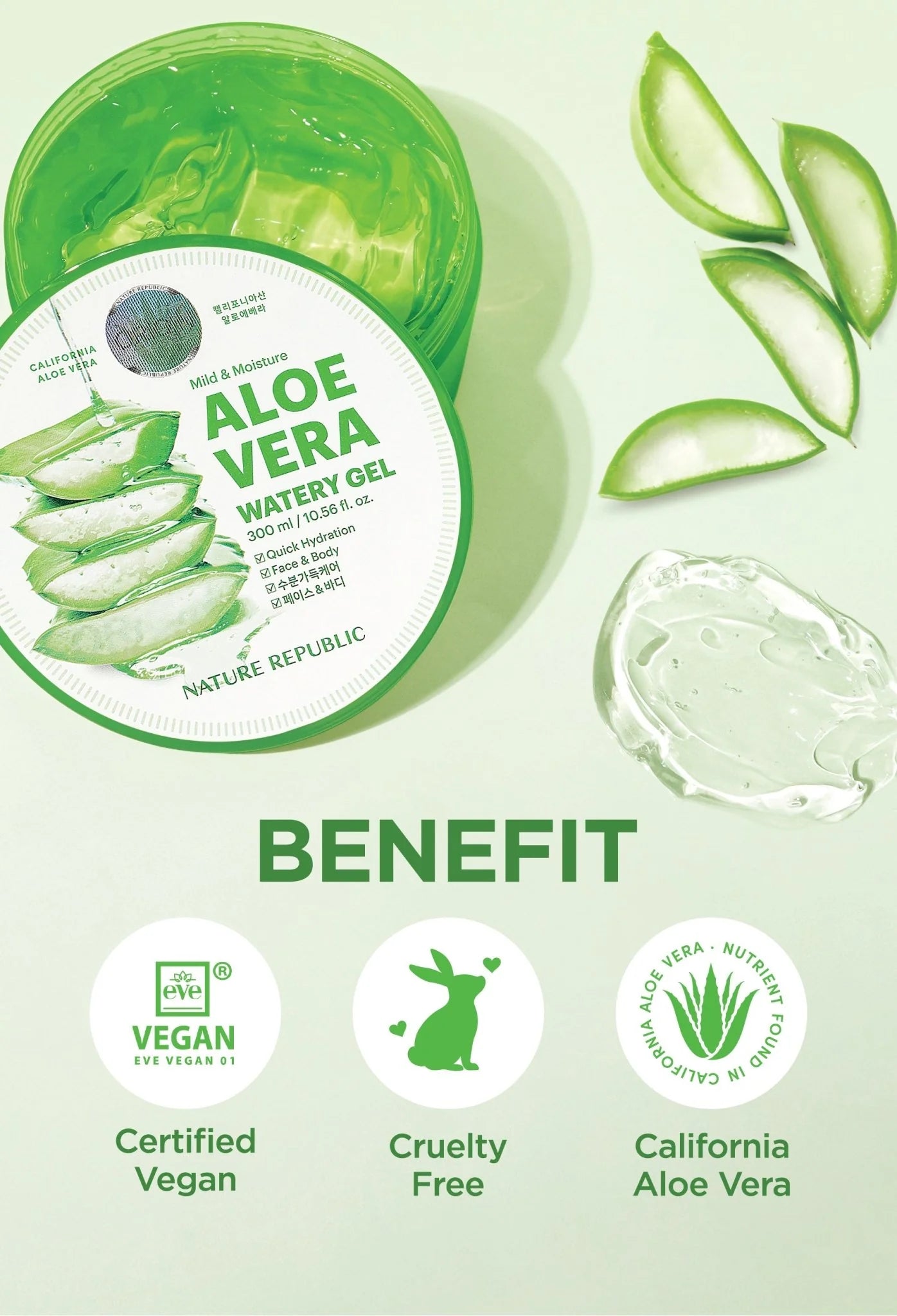 NATURE REPUBLIC Gel acuoso de aloe vera suave y humectante 300 ml / 10,56 fl. onz. 